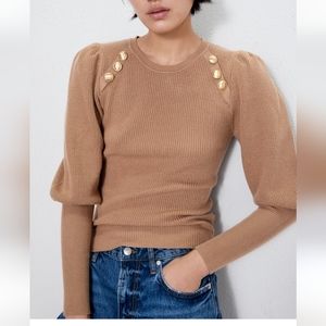 Zara tan puff sleeve sweater with gold buttons